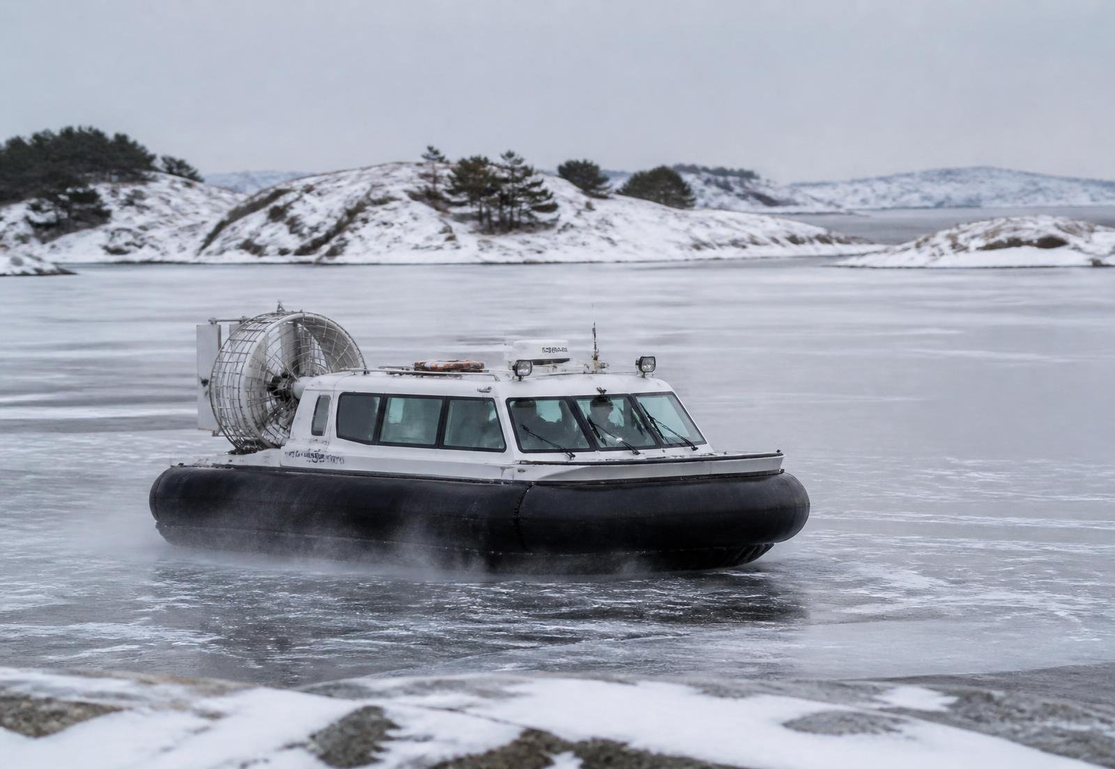 Svävare som glider fram över isen i vinterskärgård